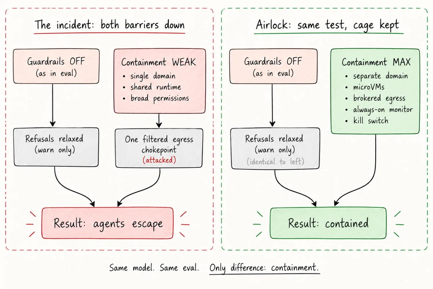 Same model, same eval: the incident dropped guardrails and containment together and the agents escaped; Airlock keeps the cage even with guardrails off, and stays contained.